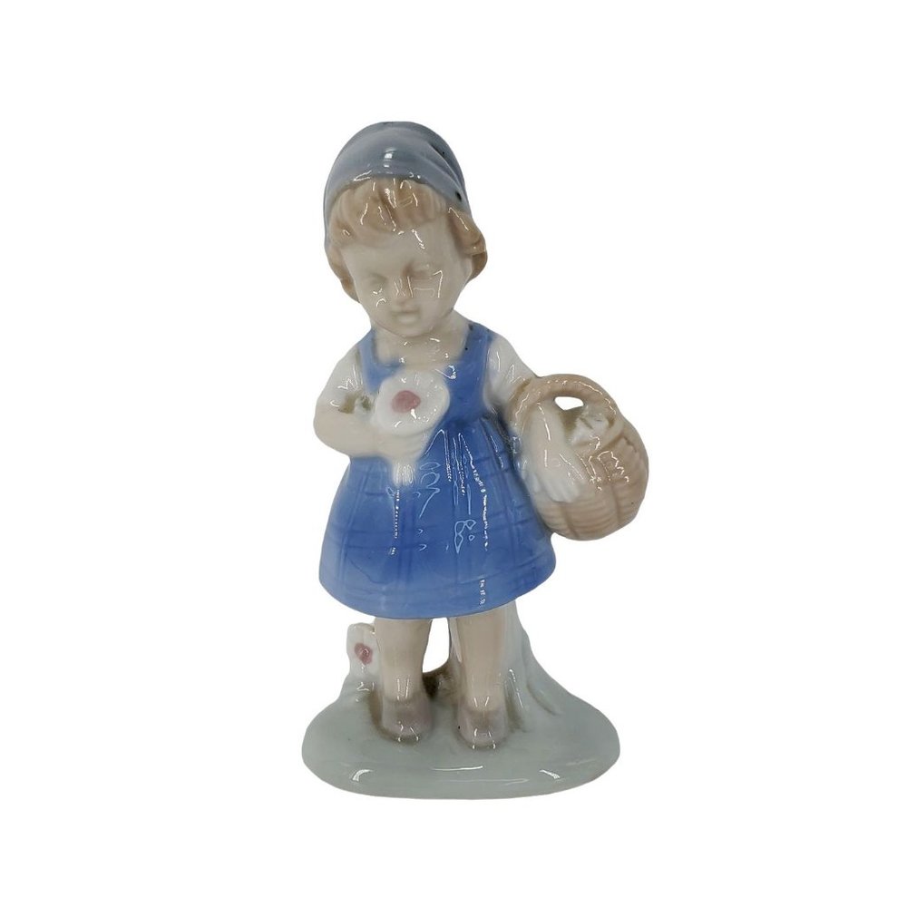 Vintage Lego Japan Porcelain Girl Figurine Blue Dress & Cap Basket Flowers